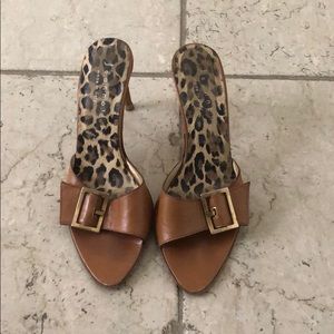 Jeannot Tan Open Toe Heel With Gold Buckle